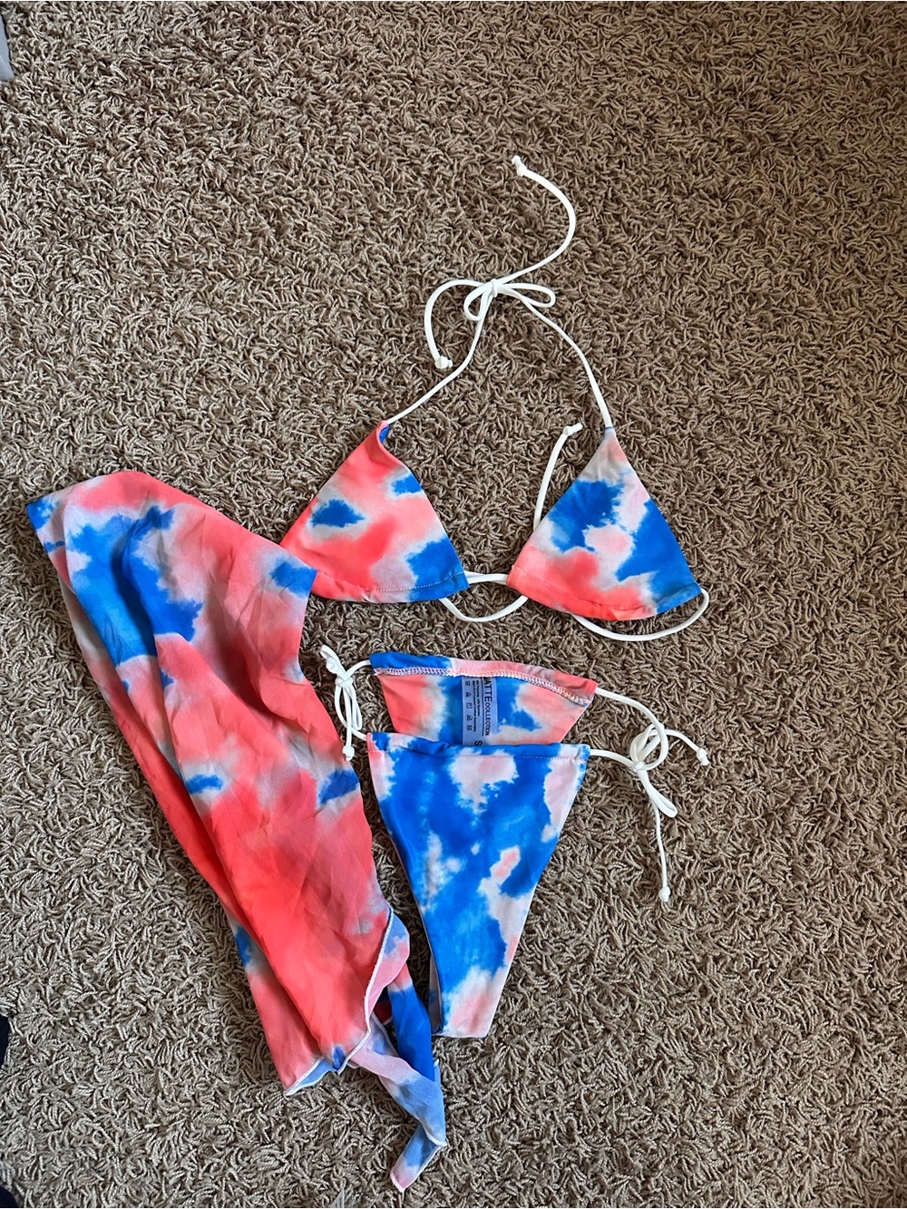 Matte Collection Tie-Dye Triangle Bikini Set in Coral & Blue.